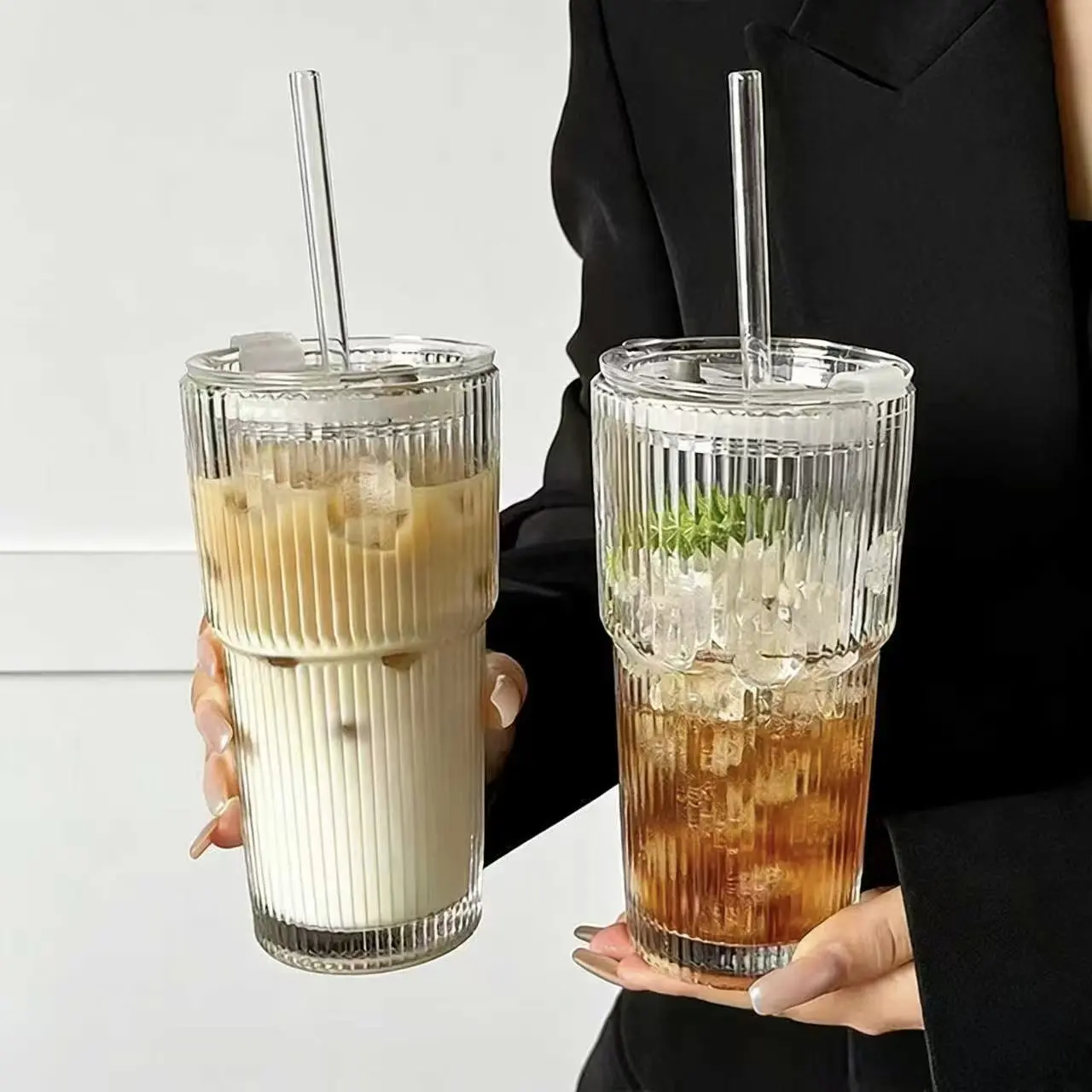 Lead-Free Ribbed Glass Cup - 18oz (540ml) Sturdy Vertical Striped Stylish Aesthetic Kitchenware Drinkware, Leak-Proof Silicone Lid, Washable Portable Reusable for Iced Coffee, Daily On-the-Go Use