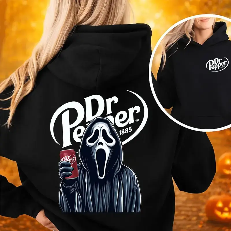 Spooky Dr Pepper Horror Halloween Double Sided Hoodie ,Dr Pepper Halloween Hoodie - Casual Top with Graphic Design, Available in Various Colors 1 tshirt ,hoodie, sweatshirt, funny halloween,gothic retro spooky vibes