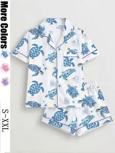 New Summer Women's Multi-Color Sea Turtle Print Pajama Set, Fresh Ocean Style Collared Short Sleeve Shorts Two-Piece Set, Breathable Comfortable Home Wear