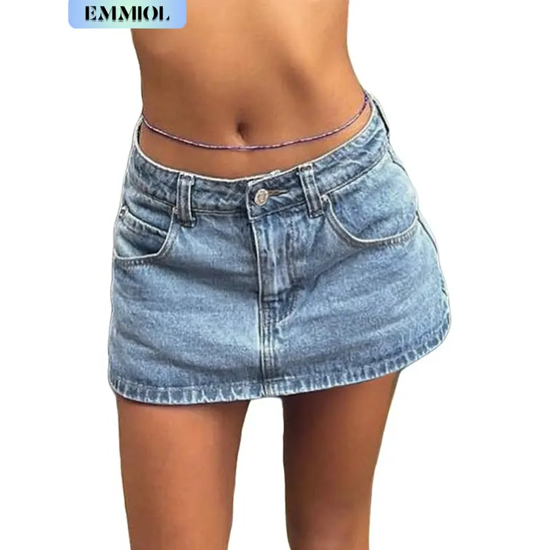 EMMIOL Vintage Blue Fit Denim Mini Jean Skirt for Women - Casual Style Regular Fit Above Knee Cotton Material Multi Belt Loops No Sheer Material Chic Womenswear Machine Washable - Bottom