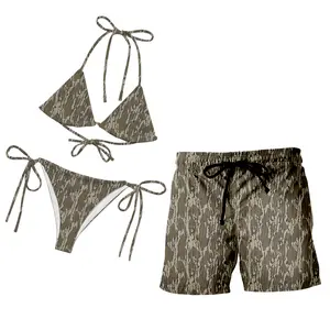 Matching Couple Swimwear - Bottomland Camo String Bikini & Men's Board Shorts Set  Classic Bark Camouflage Hunting Style Outdoor Swimsuits, Quick-Dry Beachwear for Lake & River Life, Country Couple Gift, His and Hers Matching Outfits Summer