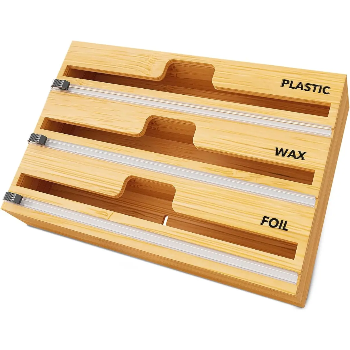WrapNeat 3 in 1 Wrap Organizer with Cutter and Labels, Plastic Wrap, Aluminum Foil and Wax Bamboo Dispenser for Kitchen Storage Organization Holder for 12" Roll (Natural)