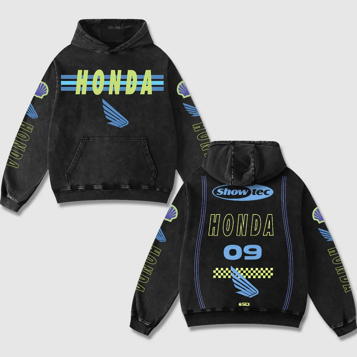 Retro Showtech x Honda Racing Acid Washed Hoodie MotoGP World Champion Enthusiast Apparel Streetwear Racing Team Motorcycle Clothing Motobike Riders Supermotor Off-Road Dirt Bike Fan Gear Cotton For Motor Fan