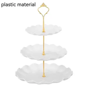 Elegant 3 Tier Plastic Party Cake Stand with Gold Handle, Multi-Layer Tray, Wave Edge Design, Perfect for Weddings Birthdays Teas, Cupcake Stands