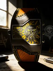 Block Large Number Dial Watch, Dual Time Zone Timer Function, Gun Durable Case, Snake Pattern Wide Leather Strap, Trendy Belt Watch