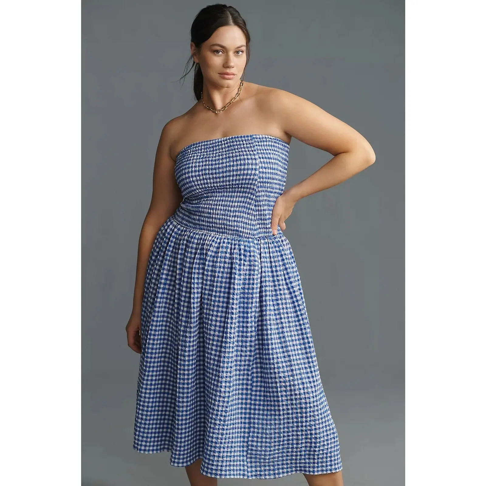 Anthropologie Maeve Strapless Smocked Midi Dress PLUS 2X Blue Gingham
