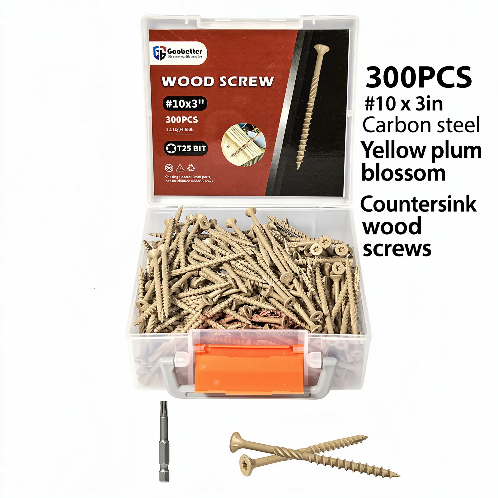 300pcs Anti-Rust Zinc Plated Carbon Steel Metal Wood Screws, #10 x 3in Countersunk Flathead, 90° Tapered Face, Coarse Single-Start Milled Thread Hardware Fasteners for Woodworking Projects, Anti-Rust Coat
