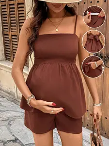 NANCY Maternity Summer 2-Piece Set - Cute Ruffle Hem Camisole & Shorts Outfit for Vacation & Spring Break