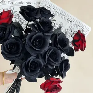 10pcs Rose Gothic Dark Simulation Flowers, Halloween Decoration Spooky Artificial Silk Flowers, Single Stem Fake Flowers Festival Decor Artificial Flower Bouquets