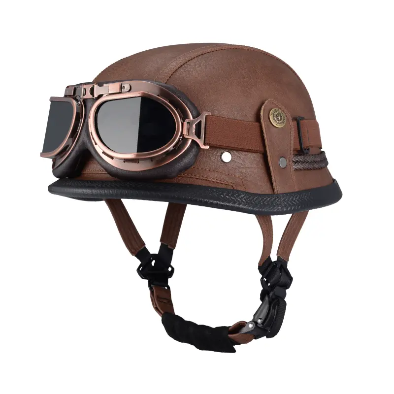 Quickool DOT-Certified Vintage Leather German Half Helmet - Adjustable, Protective Cruiser Half Helmet with Free Goggles for Low Profile Biker Men, Adjustable Half Helmets, Cruiser Half Helmets