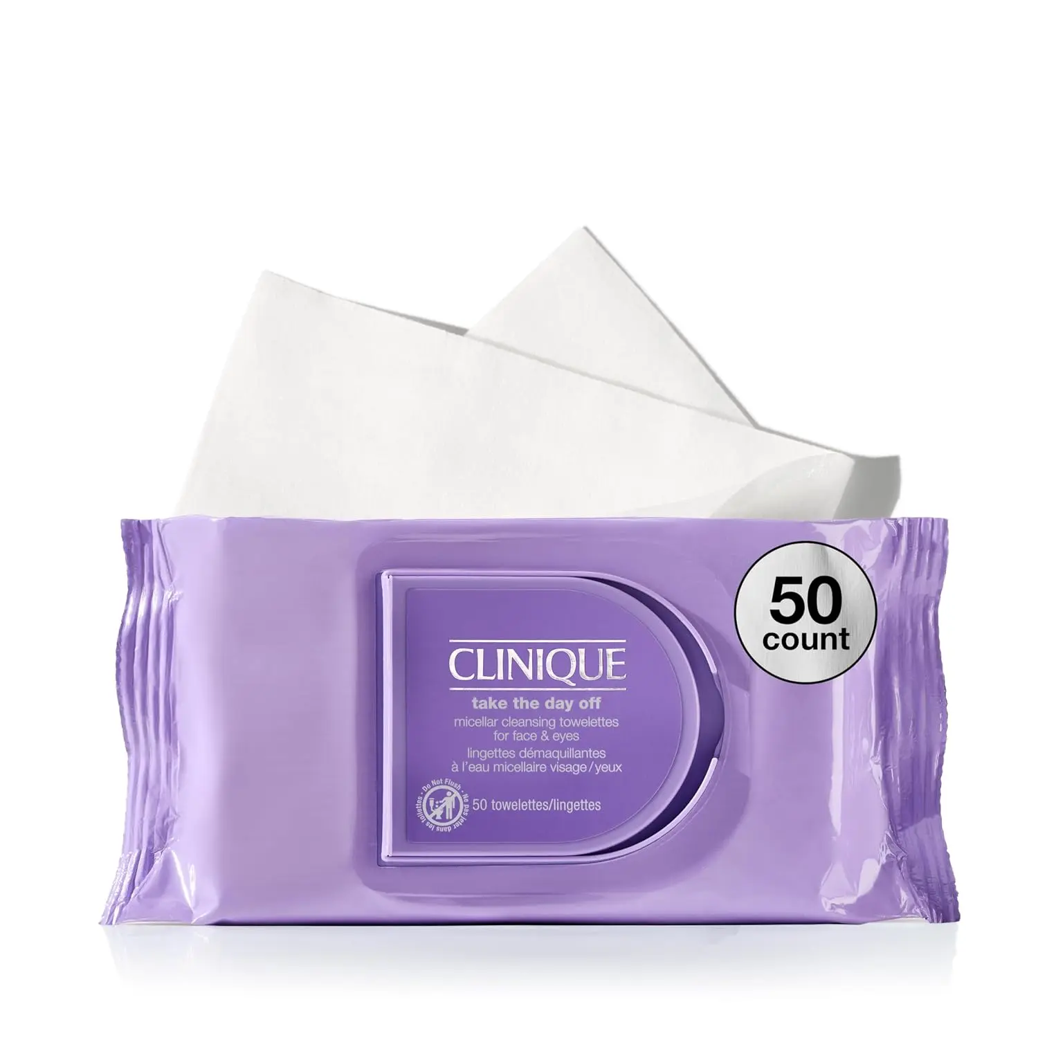 Clinique Take The Day Off Micellar Cleansing Makeup Remover Wipes For Face and Eyes| For All Skin Types| No Water Required| Perfect For Gym or Travel, 50 Count