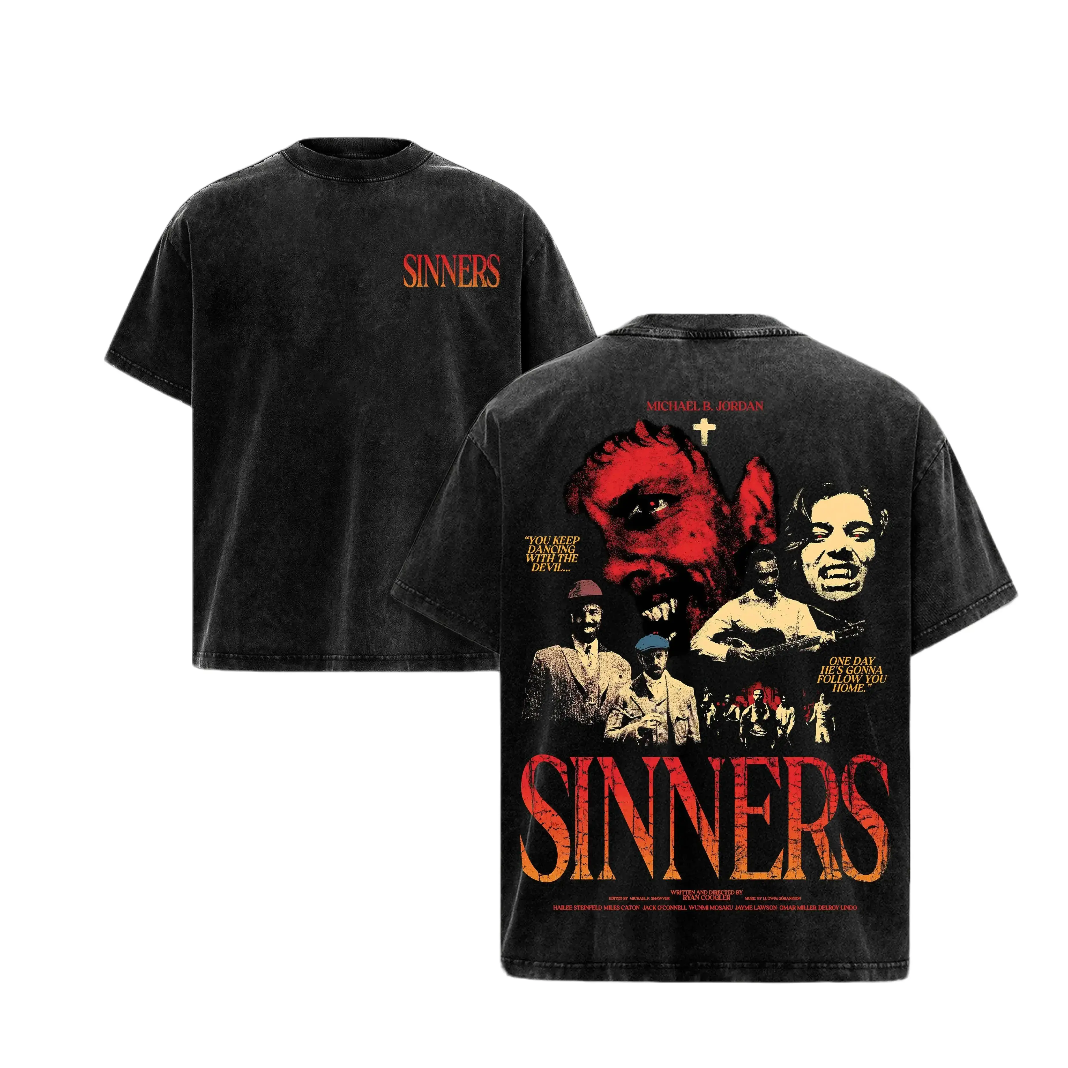 Vintage Acid Wash Sinners Horror Movie Graphic T-Shirt Unisex 2-Sided Cotton Crewneck Tee Classic Vampire Thriller Film Merch Oversized Grunge Goth Top Retro Casual Streetwear Men Women Halloween Apparel Tops Available in Plus Sizes S to 5XL Trendy