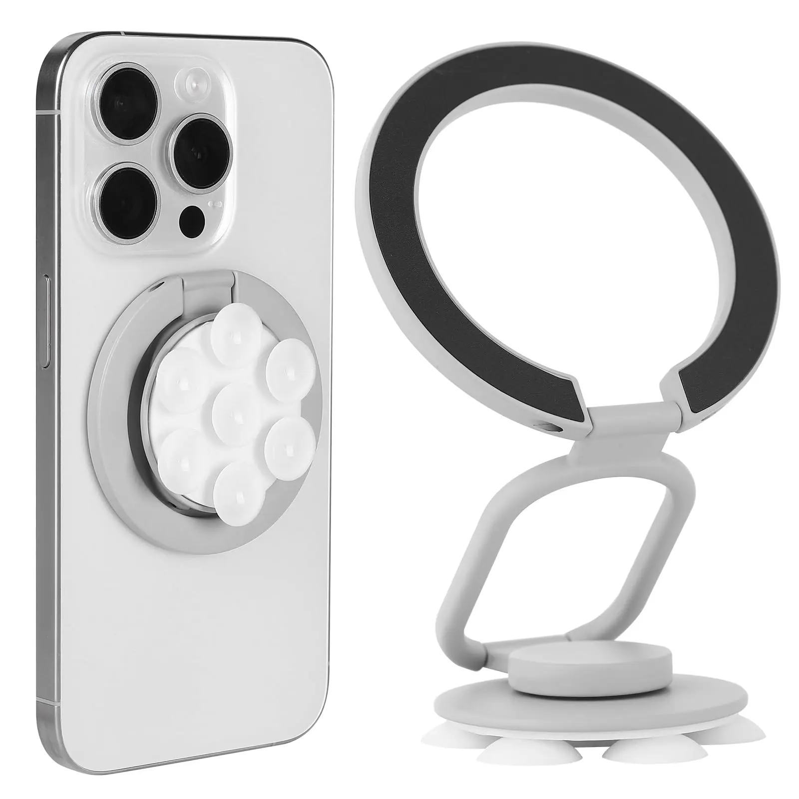 3-in-1 Magnetic Phone Holder - Adjustable Hands-Free Stand, Adhesive Suction Cup, Ring Mount, 360-Degree Rotation, Compatible with iPhone 16/15/14/13/12 Series & MagSafe Cases (Gray) | Phone Holders & Mounts, 3-In-1 Magnetic Phone Holders & Mounts