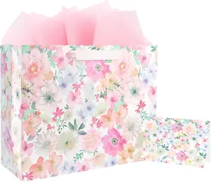 ASYEH NR 13" Large Size Floral  Bag Floral Flower    Bag with Greeting Card Tissue Paper for Girls Women Birthday Mother's Day Valentine's Day Anniversary Wedding Spring Supplies