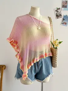 Trendy Women's Gradient Striped Shawl, Drop Shoulder Design, Vacation Casual Commute Wear, Summer Air Conditioning Room Hooded Scarf