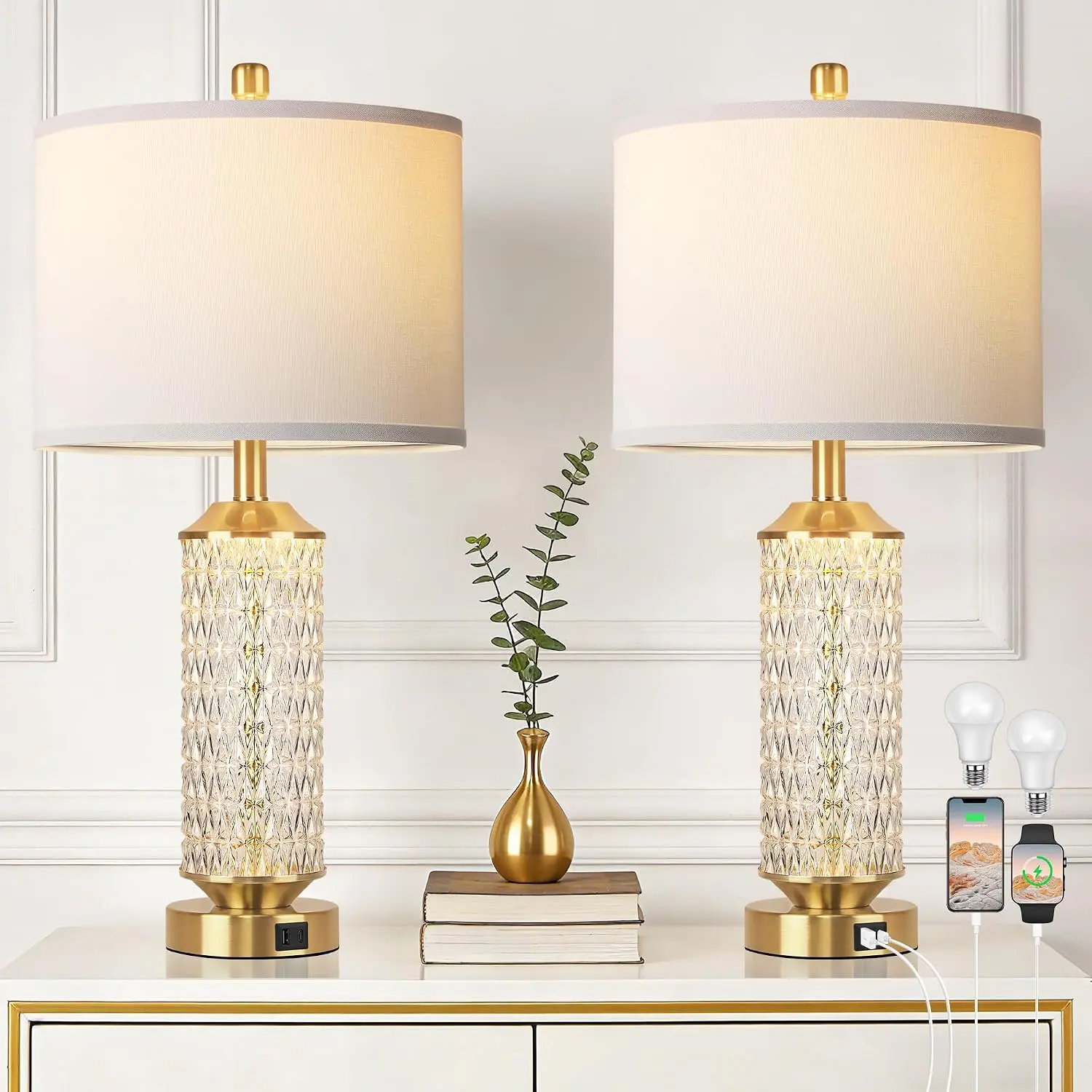 Gold Lamps for Living Room with LED Night Light,26" Modern Beside Lamps Set of 2 with Linen Shade & USB A+C Ports,Glass Table Lamps for Bedroom, Nightstand, Office, Home Decor(2 Blubs Included)