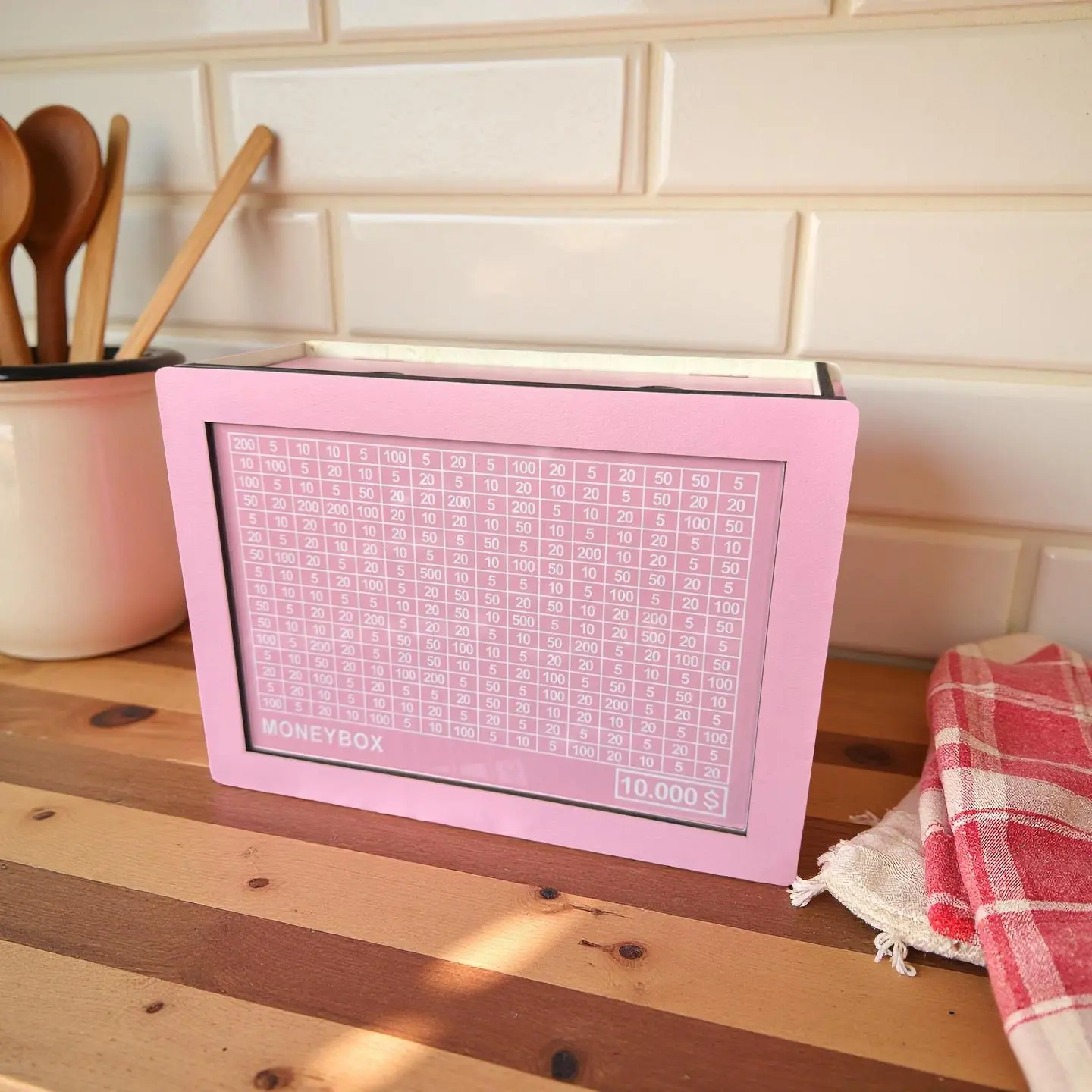 2026 New 10000 Larger Size Savings Challenge Box for Adults Kids - Cash Vault Wooden Money Savings Box - Kakeibo Money Bank - Pink Wooden Cash Coin Piggy Bank with Counter and Dry Erase Pen