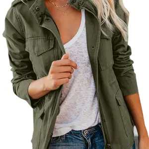 WomensMilitaryAnorakJacketZipUpSnapButtonParkaSafariUtilityCoatOutwearwithPocketsTopsCasual