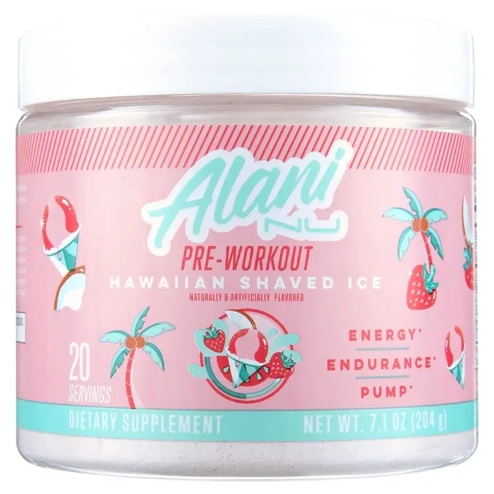 Alani Nu Pre-Workout Powder - Sucralose-Sweetened, Easy-to-Mix, Naturally & Artificially Flavored Nitric Oxide Energy Booster for Athletes - Energy Management, Muscle Pump Support - Hawaiian Shaved Ice - 20 Servings - 7.2 oz (204 g) Tub