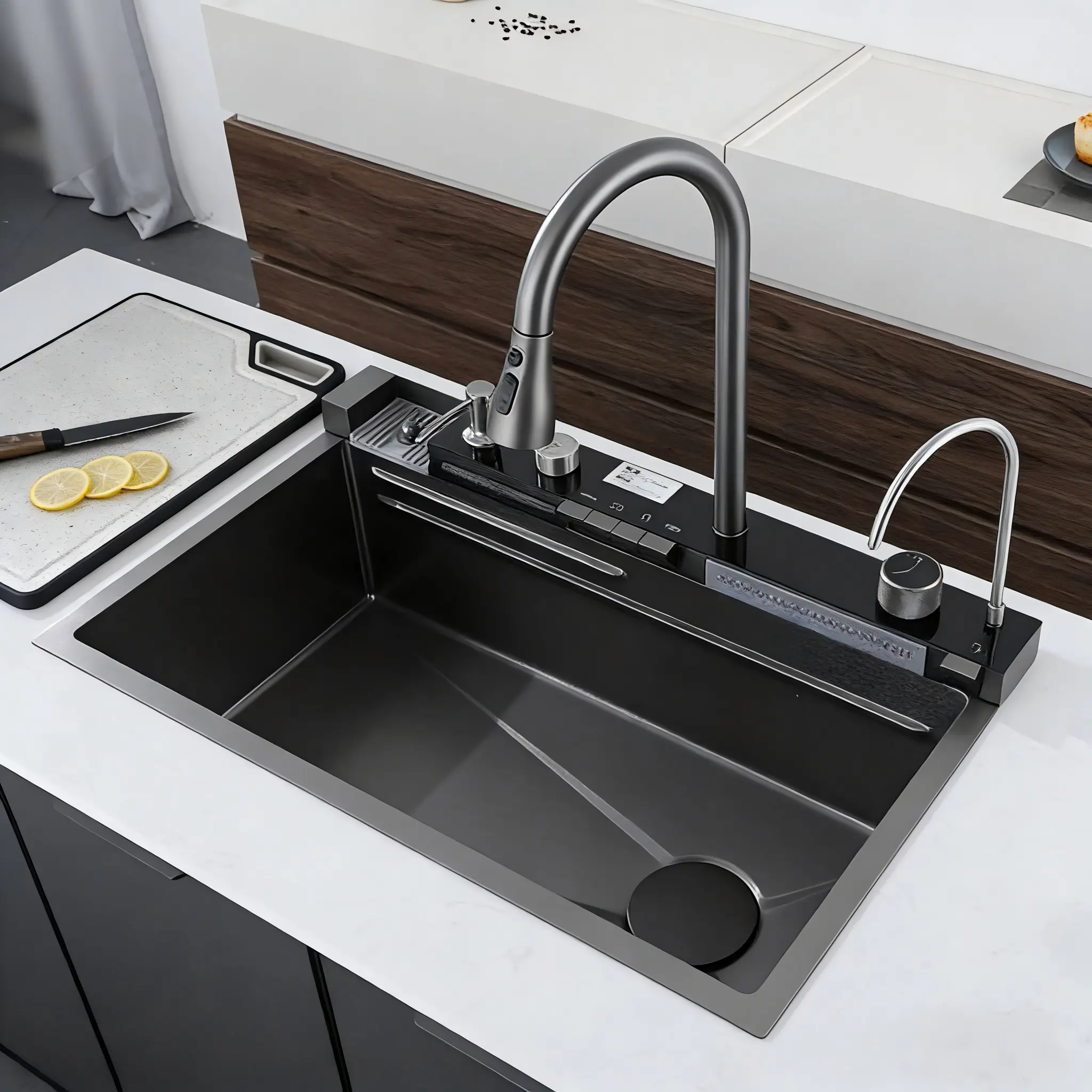 30-in Durable Rectangle Integrated Workstation Kitchen Sink, Eco-Friendly Digital Display, Water-Powered Piano Key Pull-Out Faucet (3 Water Modes), Honeycomb Coating, Cup Washer, Adjustable Design for Dishes/Fruits, US Garbage Disposal Compatible