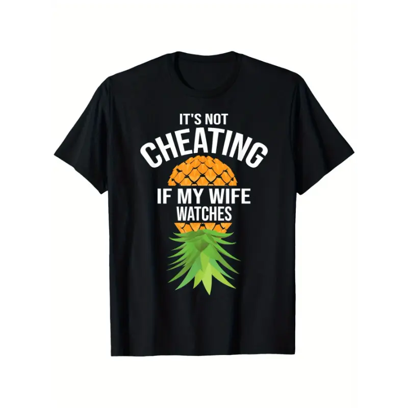 Men's 100% Cotton Short-Sleeve Crew Neck Fitted Slightly Elastic T-Shirt - Unisex Casual Top with All Over Pineapple Graphic & "It's Not Cheating If My Wife Watches" Humorous Quote, Minimalist Print, Do Not Dry Clean, Shortsleeve, Fabric, Menswear, Tshirt