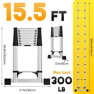 12.8/15.5ft Telescoping Extension Ladder, Stainless Steel Folding Telescopic Ladder with Locking Mechanism, Multi-Purpose Collapsible Ladder for Home or RV Outdoor Work, Bearing 330lbs