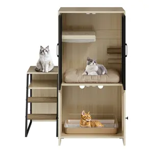 Enclosed Litter Box Furniture Cabinet for Indoor Cats Cat Litter Box Enclosure with Doors Double Layer Cat House with Storage Space & Ladder Modern Hideaway for Living Room Bedroom