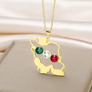 Teamer Iran Map Pendant Necklace Stainless Steel Country Map Flag Color Zircon Necklaces Iranian Ethnic Jewelry For Women Man