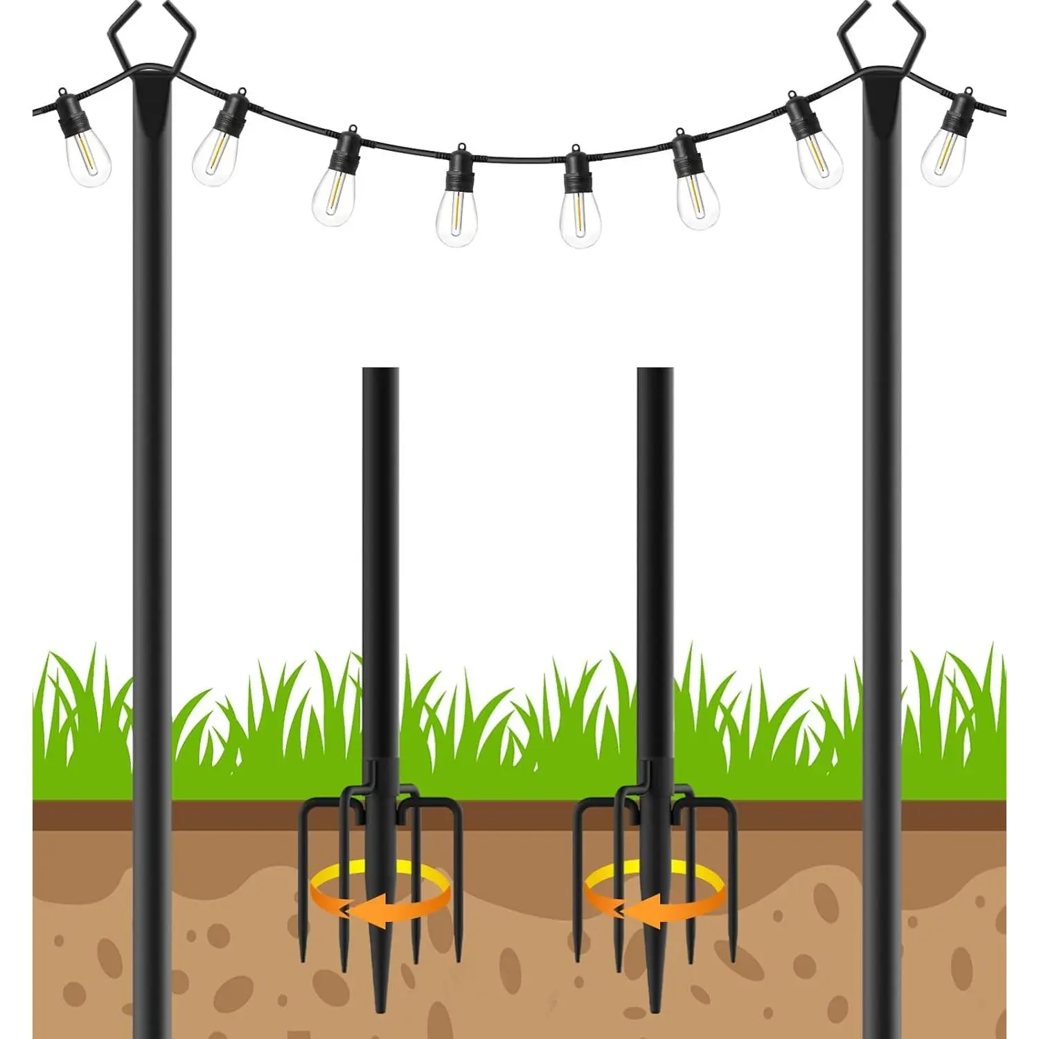 9Ft String Light Poles 2 Pack,Light Poles for Outside Lights,Outdoor with Fence Brackets Hanging Lights,Metal Stand Deck Patio Backyard