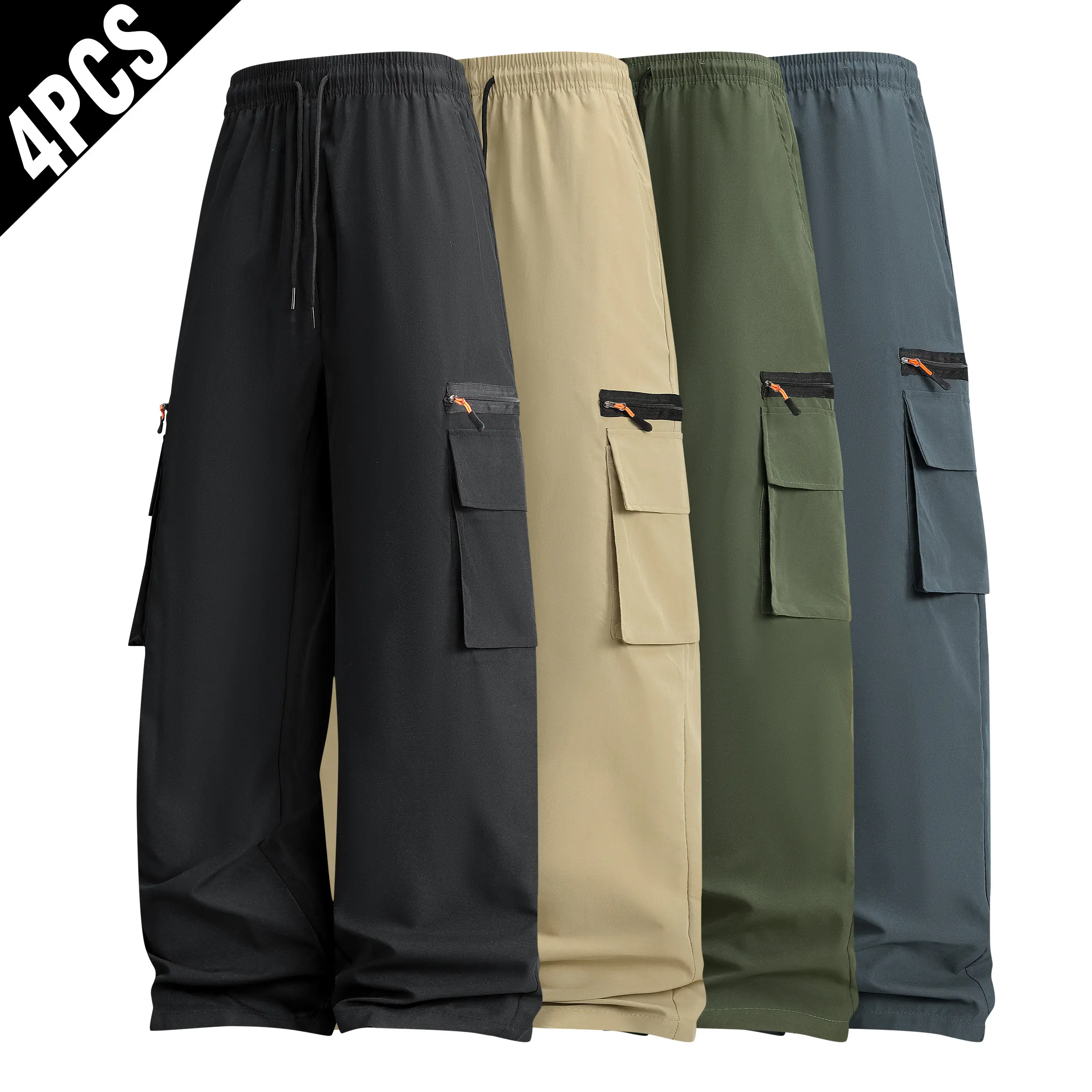 4 Pack Men Multi Zipper Pocket Wide Leg Cargo Pants, Drawstring Elastic High Waist Lightweight Quick Dry Outdoor Utility Trousers Multipack loose fit sport pant casual bottom male clothes com frt clothing Workout Sweatpants training pant