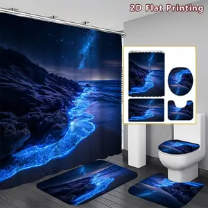 4PCS Starry Night Beach Shower Curtain set, Blue Galaxy and Glowing Waves Bathroom Decor, Accessories with Bath Mat, U-shaped Mat, Toilet Lid Cover, 12 Hooks 180x180cm Curtain, Celestial Seaside, Home Decor, bathroom accessories