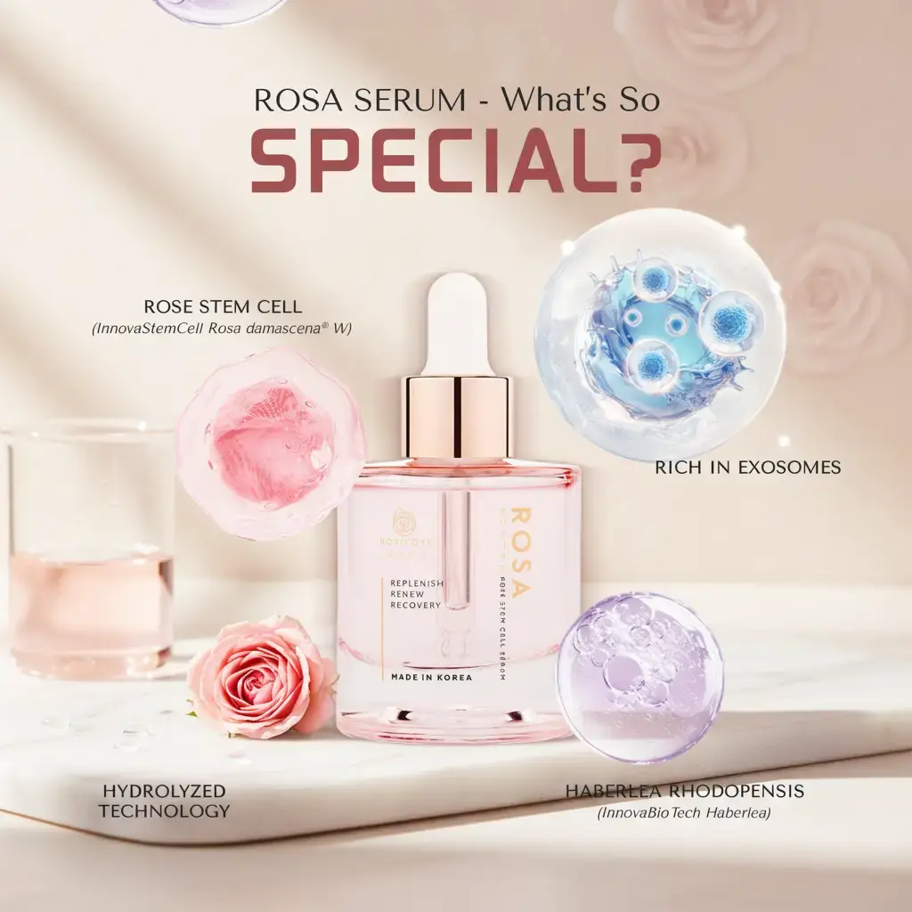 ROSYFOXY Rosa Rose Stem Cell Serum – "Rich in Exosomes"- 100% Made & Import from KOREA - Hydrolyzed Technology for Ultimate Skin Replenish, Renewal, Recovery & Radiant Rejuvenation 30ML