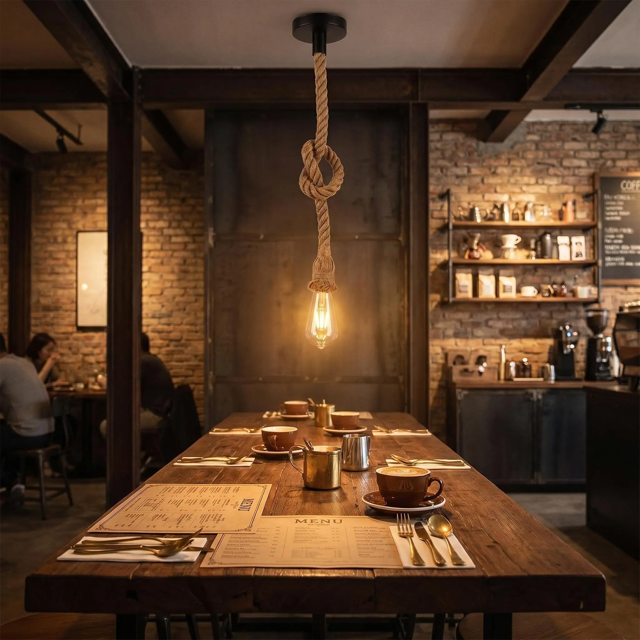 Boho Rattan Pendant Light-Rustic hemp rope pendant lamp, retro industrial-style single-head hanging ceiling lamp, suitable for kitchen island, restaurant, cafe, bar country-style lighting fixtures - socket compatible with E26 / E27 (bulb not included)