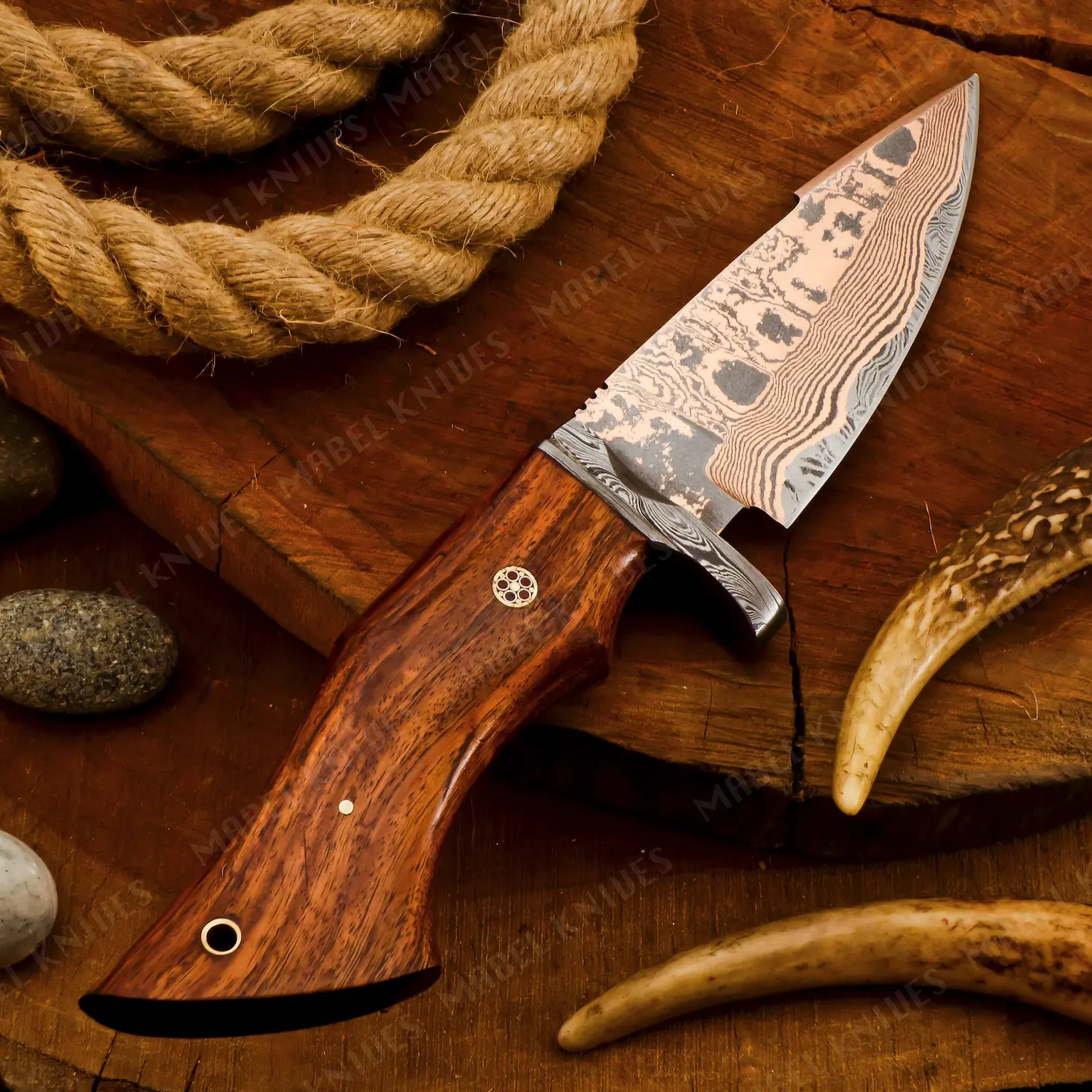 Copper Damascus Bobcat Hunting Knife, HANDMADE COPPER DAMASCUS Knife, Full Tang, Exotic Rose Wood Handle