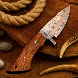 Copper Damascus Bobcat Hunting Knife, HANDMADE COPPER DAMASCUS Knife, Full Tang, Exotic Rose Wood Handle