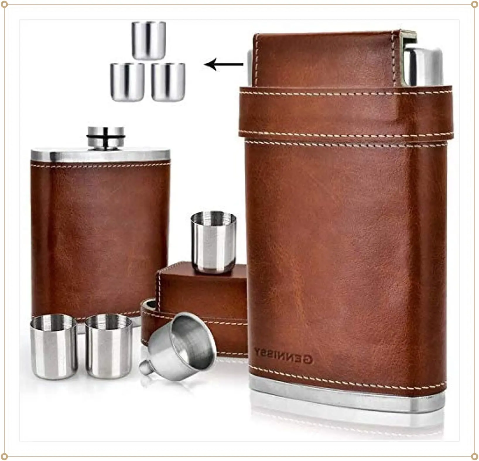 GENNISSY 8oz Hip Flask for Men - 304(18/8) Stainless Steel Bourbon Whiskey Flask, Leakproof with Brown Leather Wrap - Includes Funnel & 3 Mini Cups for Dad, Gifts, TravelGift