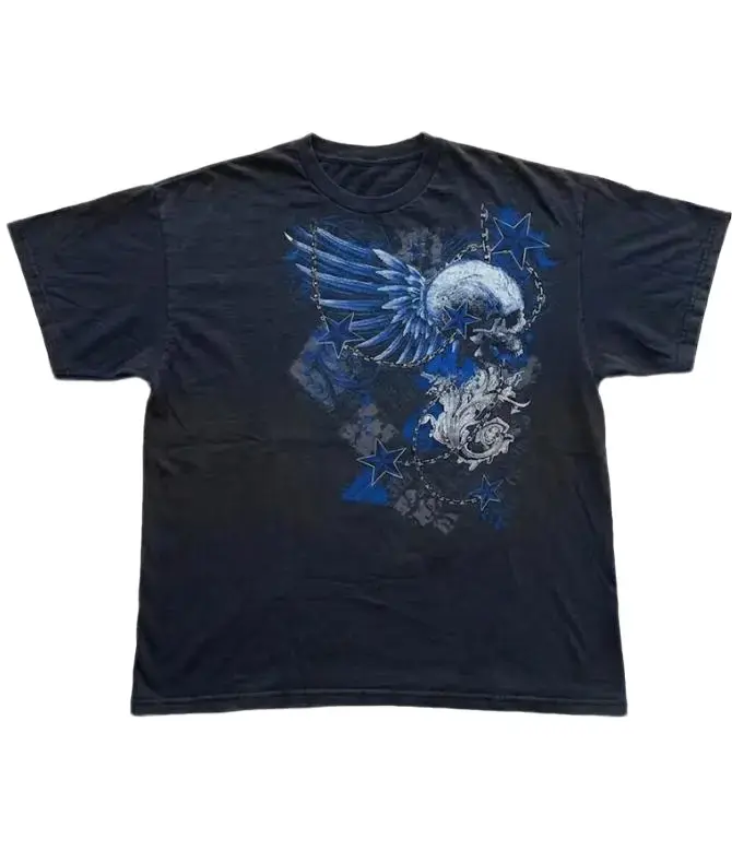 Y2K Cyber Skull Blue Wings Graphic T-Shirt, Vintage Grunge Star Chain Aesthetic Unisex Trending Tee, Men And Womenswear Top