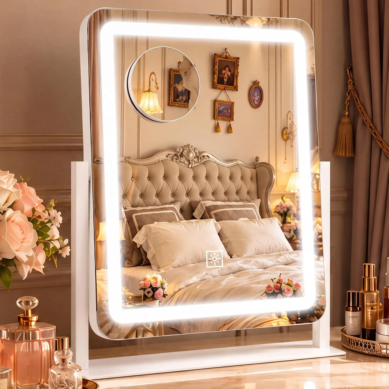 LED Integrated Lighted Mirror with Light - Smart Touch Control, 3-Color Light (Cool/Natural/Yellow), 3 Lighting Modes, 360° Rotation, White Tabletop Magnifying Mirror
