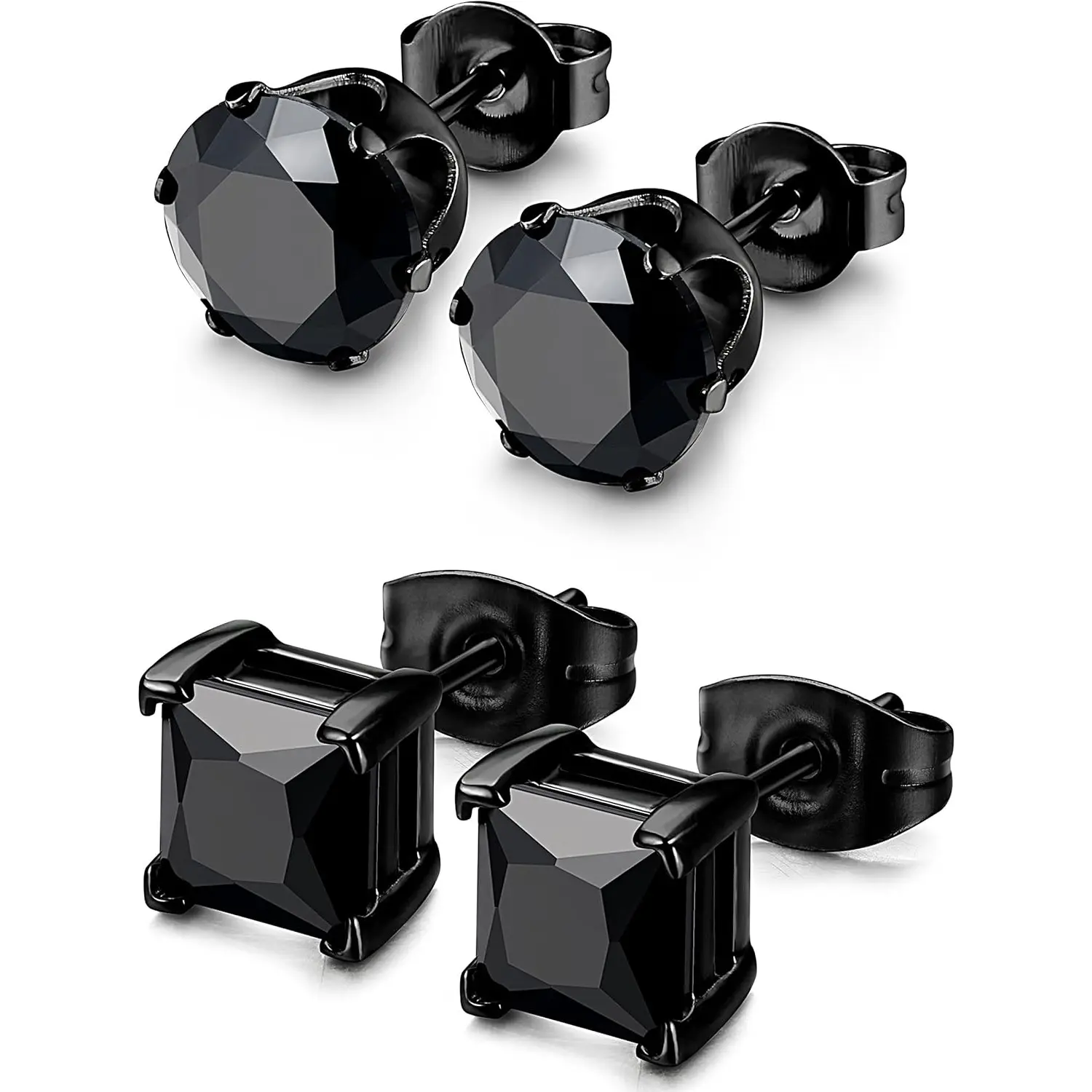 Milacolato Unisex 2-Pair Stud Earrings Set - Round & Square Cubic Zirconia, Hypoallergenic 316L Stainless Steel, Butterfly Clasp, Rust-Free, Tarnish Free Earrings, Bling Effect, Jewelry Stack, Birthday Gift for Dad