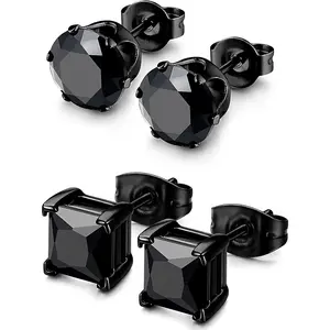 MILACOLATO 2Pairs Hypoallergenic Black Stud Earrings for Men Women 316L Stainless Steel Square Round CZ Mens Earrings Studs Jewelry Set for Sensitive Ears 3-8MM Black Silver