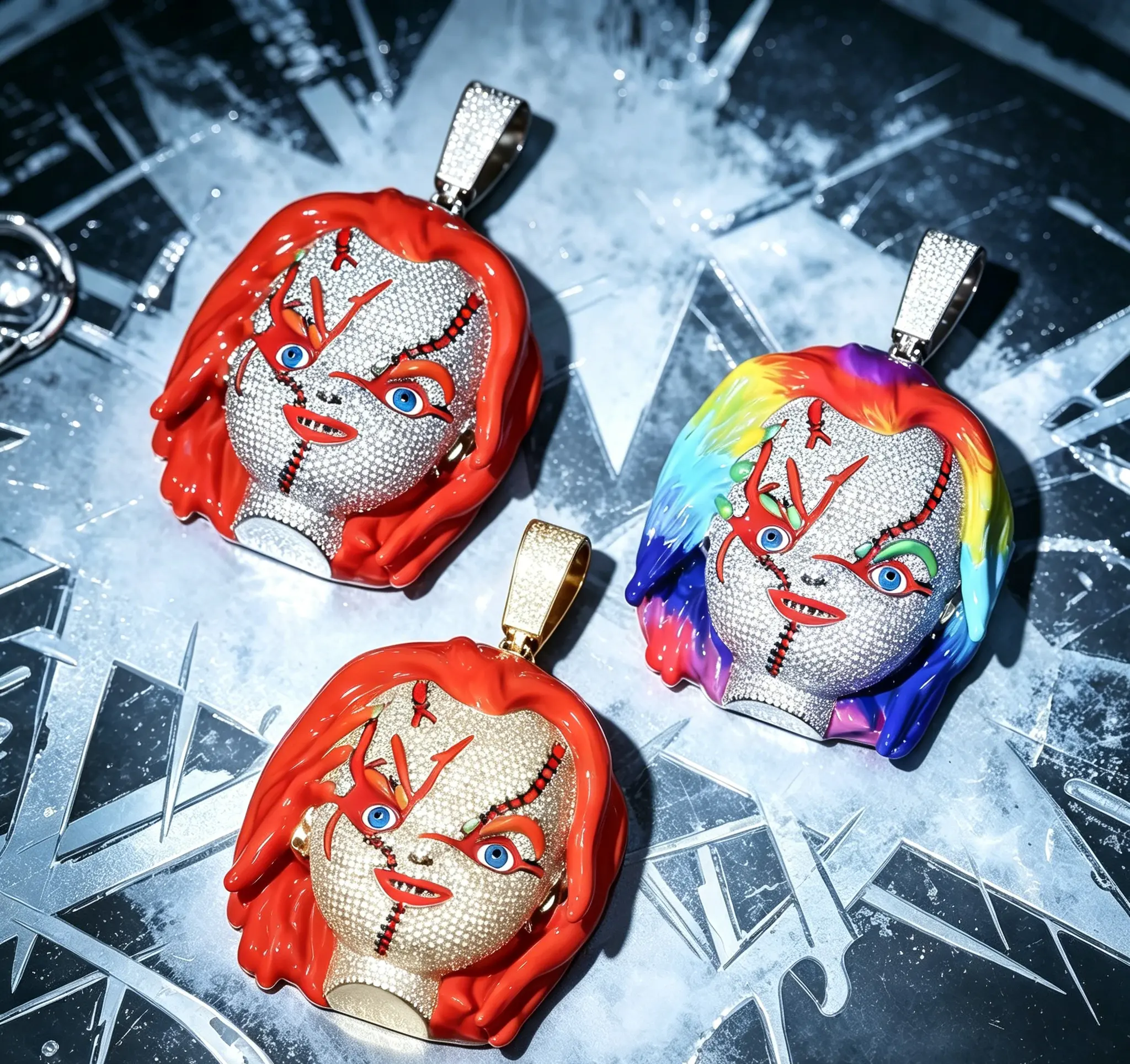 2417 Horror Doll Pendant with Red Enamel Finish and Stitched Design, Edgy Streetwear Charm for Fashion Jewelry, Charms & Pendants, Stitching, Metal Coating, Iced-Out Charms & Pendants