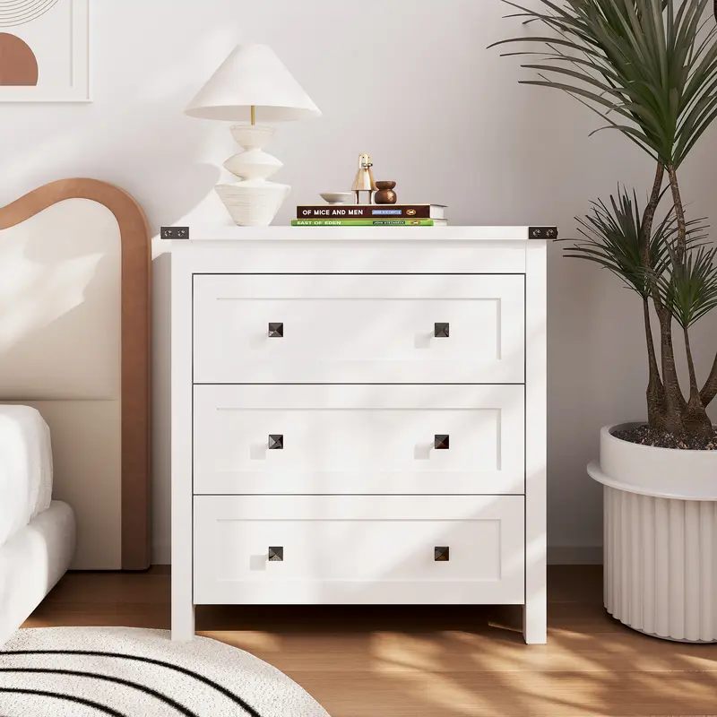 Sturdy White Industrial MDF Wood 3-Drawer Bedroom Dresser with Smooth Slide Rails - 27.55" Wide Cupboard, Space-Saving Indoor Furniture, Nightstand, Drawers for Bedroom, Farmhouse Home Decor
