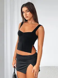 Women'S Plain Sweetheart Neck Ruched Split Crop Knitting Camisole, Summer Clothes Women, Casual Fashion Backless Fitted Top for Date Daily Wear, Ladies Clothes