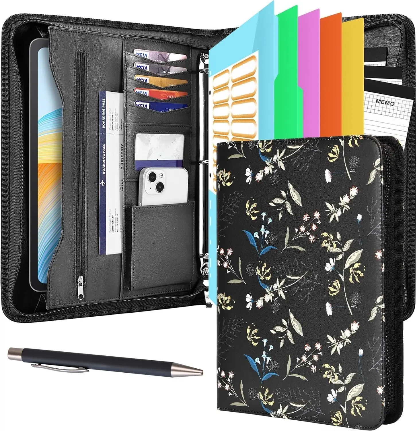 Faux Leather Zippered 3-Ring Portfolio Binder - A4 Size Office Organizer with 5 Folder Index Dividers, 3 Notepads, Tablet Sleeve, Conference Clipboard, Bonus Writing Tools to Elevate Work Space, Long-Lasting Durability