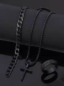 Men's Stainless Steel Hip Hop Punk Jewelry Set, Unique Cuban Chain Necklace Bracelet Ring, Perfect Valentine's Day Gift Idea