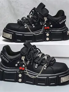 Men's Punk Style Derby Shoes, PU Leather Patchwork Design, Hidden Wedge Heel, Casual All-Season Footwear, Fashionable Thick Sole, Platform Low Top, Athletic Sneaker, Sports Shoes