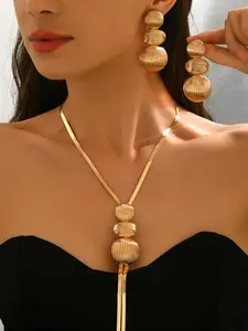 Women's Fashion Ball Pendant Necklace & Earrings Set, Coordinated Look, Matching Fashionable Jewelry Set, Modern Simple Style, Geometric Round Design, Snake Skin Chain Y-Shape, Elegant Daily Wear
