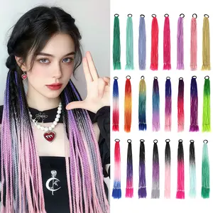 Colored Braids Hair Extensions with Rubber Bands Rainbow Braided Synthetic Hairpieces Ponytail Hair Accessories False Overhead Tail for Girls 24 inches Straight Hair Synthetic Hairpieces in the Party Music Festival Christmas Hallowmas New Year 2pcs