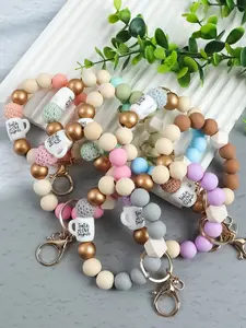 1 PC Macaron Color Silicone Beaded Bracelet Keychain, Crochet Keychain, Teach Love Inspire Cup Pendant, Handmade Knitted Beads Mixed With Metal Beads, Teacher-Themed Gratitude Jewelry, Gift Choice For Teacher's Day, Graduation Season