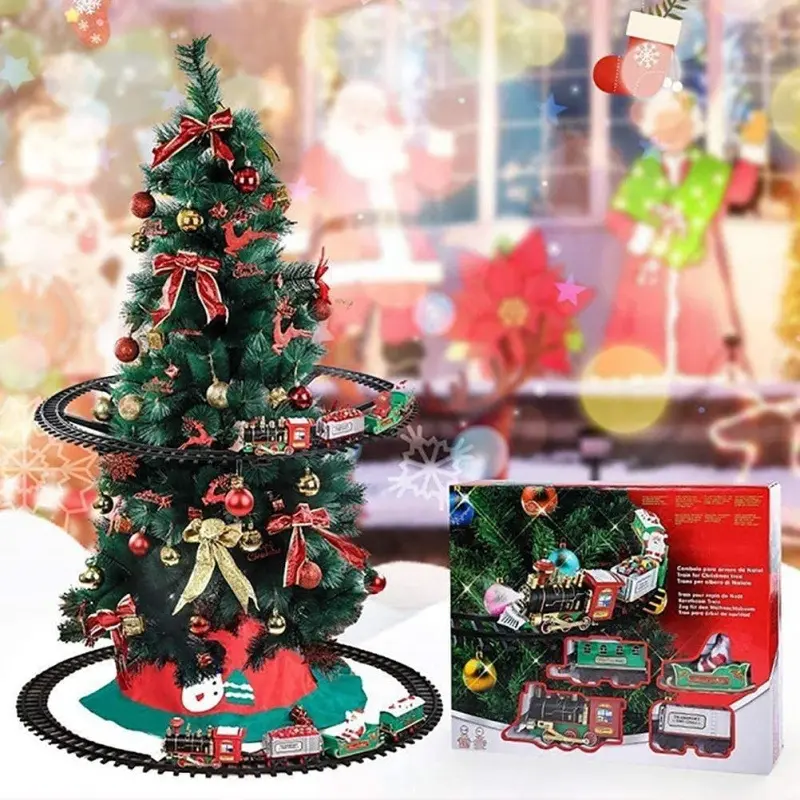 Electric Christmas Train Set with Sound Light, Hanging Tree & Track, Festive Xmas Gift Toy Decorations for Home